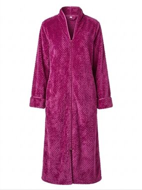Plush Fuchsia Zip Front Robe Coat | Soft Textured Lounge Duster XL Cozy Chic